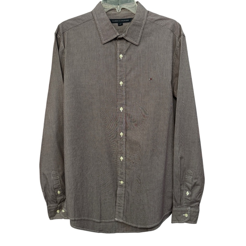 Tommy Hilfiger Men’s Large Brown Striped Long Sleeve Button Up Shirt